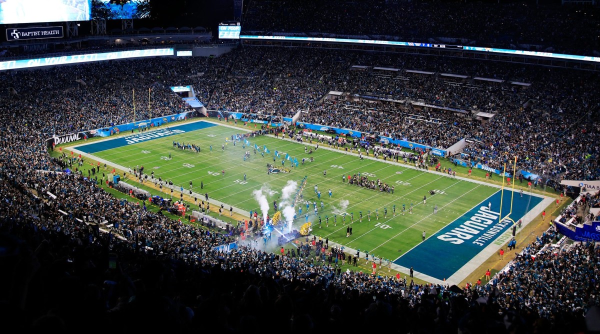 An overhead view of TIAA Bank Field, home stadium for the Jaguars.